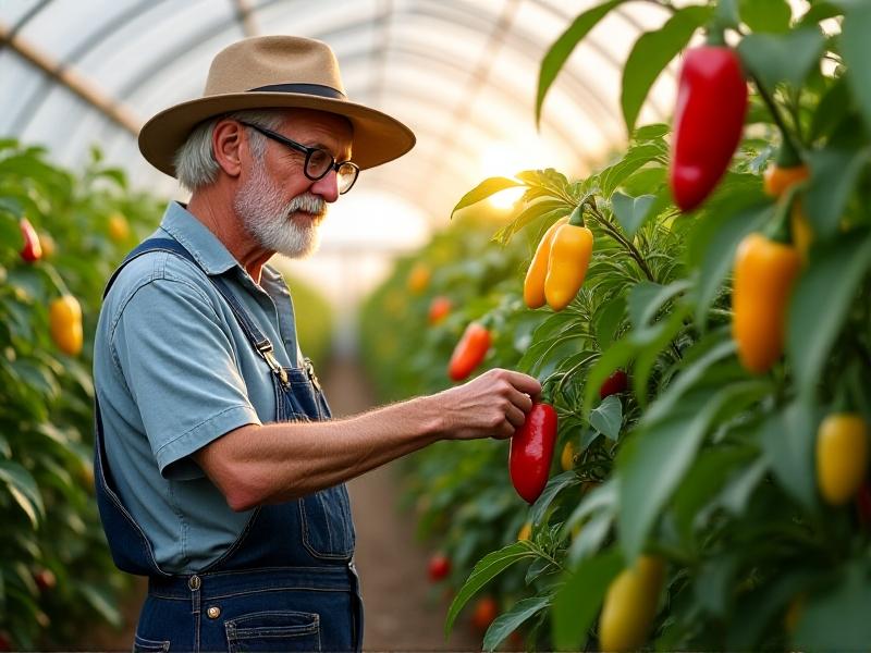 A farmer in a sunhat and overalls inspecting a row of pepper plants in a greenhouse. The plants are laden with ripe peppers, and the farmer is carefully examining the leaves and fruits for signs of health and growth.