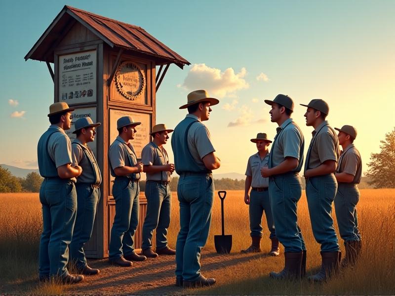A group of farmers gathered around a weather station in a rural village, discussing crop insurance options. The image captures a vibrant community setting, with clear blue skies, traditional farming tools, and a sense of collaboration and hope for the future.