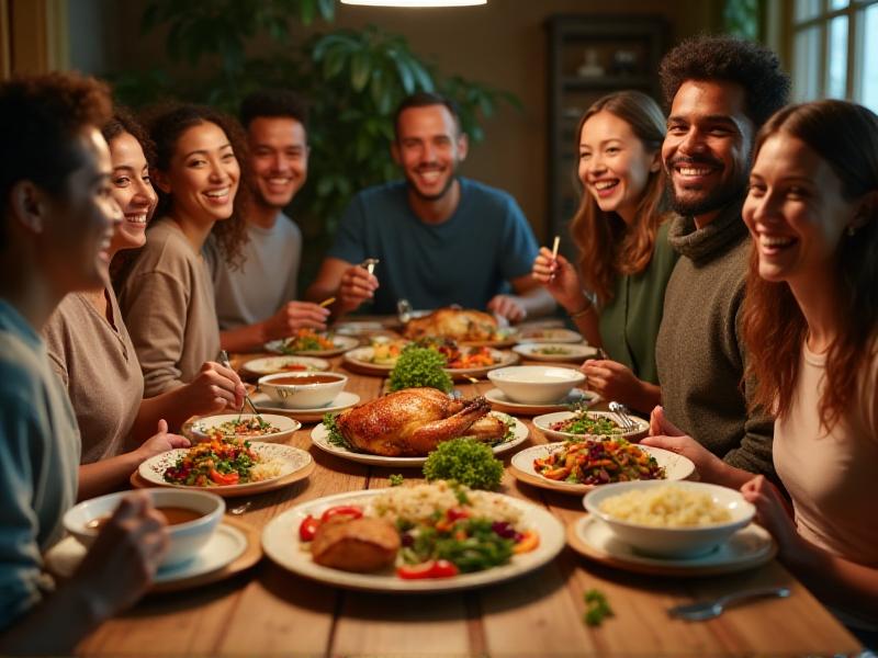 A diverse group of smiling consumers enjoying a meal with farm-to-sauce products on the table, showcasing the positive impact of traceability on consumer trust.