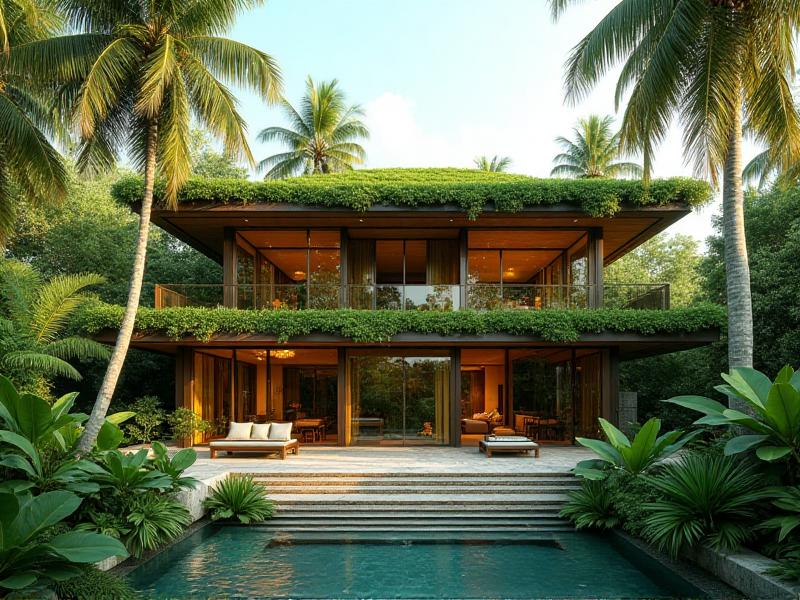A modern tropical house with large windows, a green roof, and shaded verandas surrounded by lush vegetation. The design emphasizes natural ventilation and passive cooling, blending seamlessly with the tropical environment.