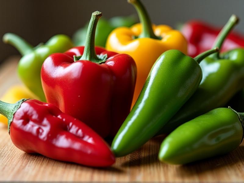 A close-up of different chili pepper varieties, including Cayenne, Serrano, and Tabasco, arranged on a wooden table. The peppers vary in color from green to red, with detailed textures and shapes, showcasing their diversity and adaptability.