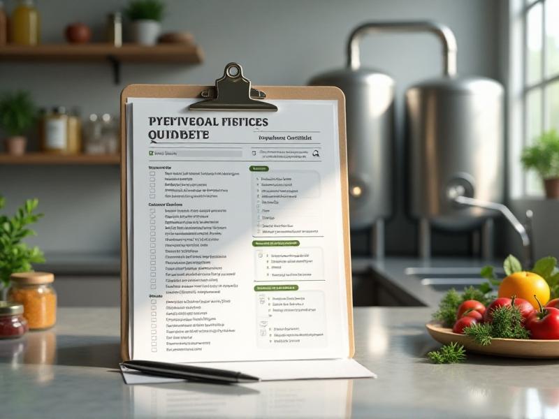 A checklist of organic certification requirements, displayed on a clipboard with a pen resting beside it. The background features a clean, modern kitchen with stainless steel fermentation tanks and shelves stocked with organic ingredients. The lighting is bright and clear, emphasizing the importance of precision and adherence to standards.