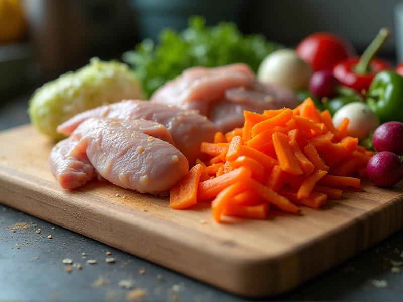 A close-up of a kitchen counter with two cutting boards—one with raw chicken and the other with fresh vegetables. The image is styled with a focus on detail, showing the potential for cross-contamination. The lighting is bright, emphasizing the importance of cleanliness and separation.