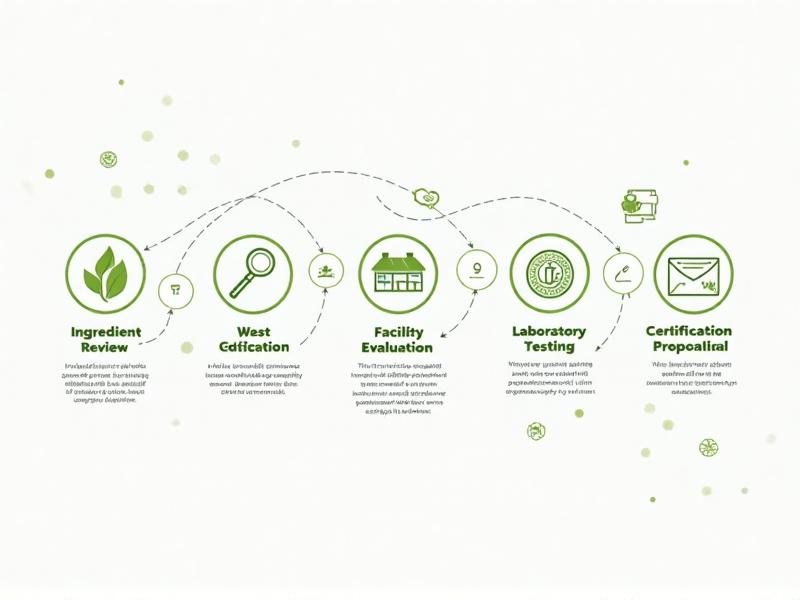 An infographic outlining the steps to obtain gluten-free certification. The image features a flowchart with icons representing ingredient review, facility evaluation, laboratory testing, and certification approval. The style is clean and professional, with a color palette of green and white to symbolize health and purity. The mood is informative and straightforward, guiding the viewer through the certification process.