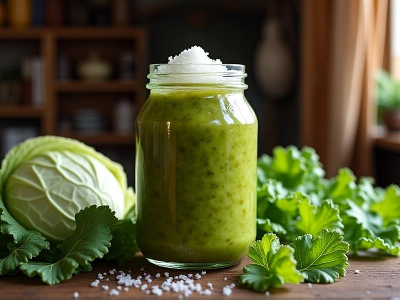 A jar of fermenting sauerkraut with a thick layer of salt on top, surrounded by fresh cabbage leaves. The image is set in a cozy, traditional kitchen with warm lighting and earthy tones, evoking a sense of heritage and culinary tradition.