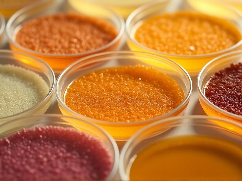 A close-up of various yeast strains in petri dishes, showcasing their unique textures and colors under a soft, scientific lighting. The image highlights the diversity of yeast and its critical role in the fermentation process, with a focus on the subtle differences that affect flavor.