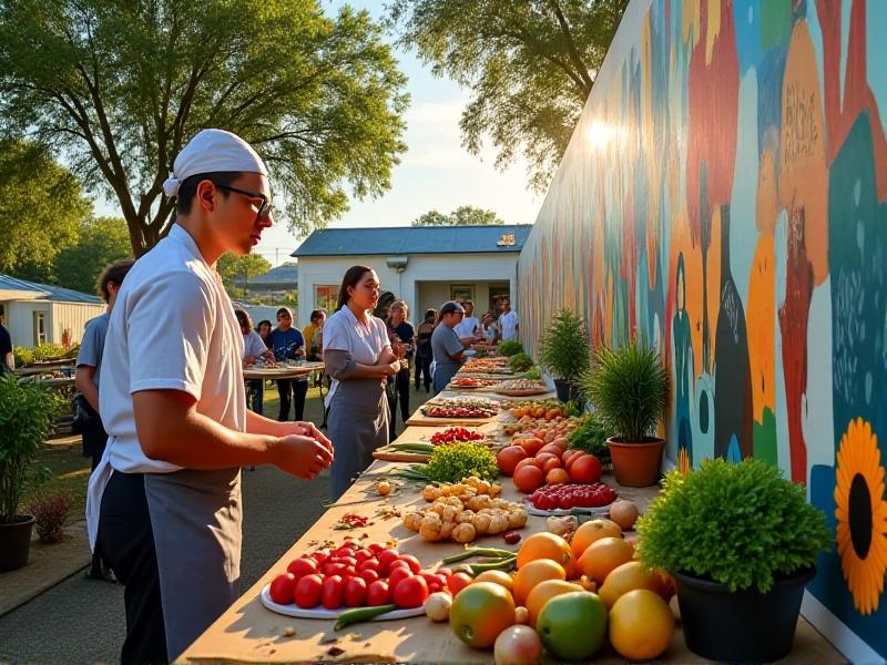 A farm festival pop-up collaboration featuring a chef and artist working together, with a colorful mural in progress and a table set with fresh, farm-sourced ingredients.