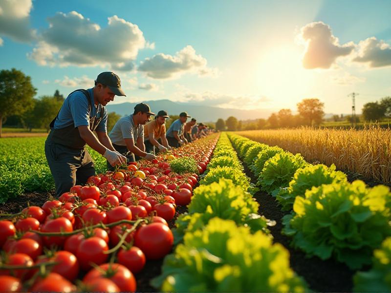 A serene countryside scene with farmers harvesting organic crops under a bright, sunny sky. The image highlights the sustainable and ethical practices of Fair Trade, with lush greenery and vibrant crops, showcasing the environmental and social benefits of the certification.