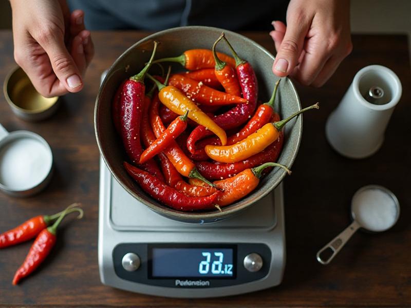 A kitchen scale with a bowl of freshly harvested ghost peppers being weighed, surrounded by measuring cups and a salt shaker. The image highlights the preparation stage of creating brine, with a focus on accuracy and attention to detail.