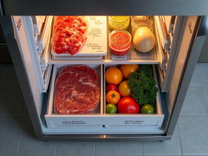 A well-organized refrigerator with labeled containers, fresh produce, and raw meats stored on separate shelves. The image is styled with a focus on cleanliness and order, using soft lighting to create a mood of safety and efficiency.