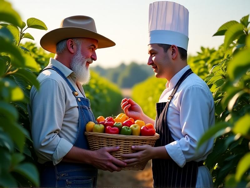 A farmer and a chef standing in a pepper field, discussing heirloom varieties. The farmer holds a basket of freshly harvested peppers, while the chef inspects one closely. The image captures the collaborative spirit of these partnerships and their shared passion for preserving heirloom peppers.