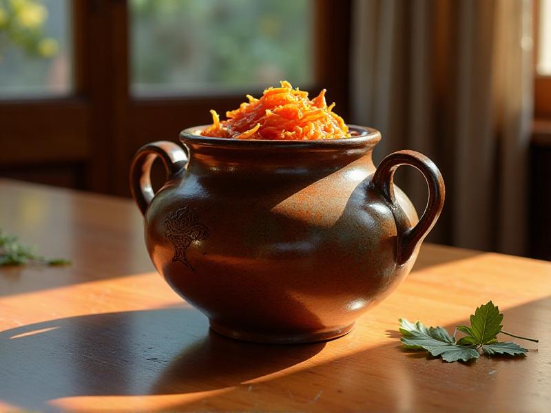 A traditional ceramic fermentation vessel with a rustic glaze, filled with fermenting kimchi, placed on a wooden table with natural light streaming through a nearby window, highlighting the texture and color of the vessel and its contents.