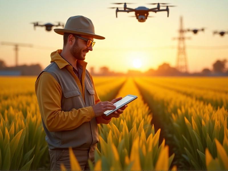 A futuristic farm where a farmer uses a tablet to monitor crop health, with drones flying overhead capturing data. The scene is set in a golden field at sunset, with warm hues and a modern, tech-savvy atmosphere that highlights the integration of technology in agriculture.