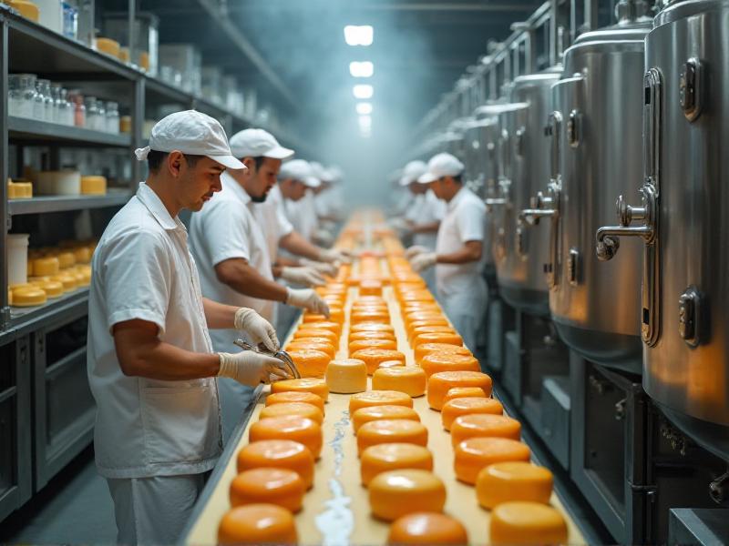 A bustling food production facility with workers handling various products like cheese, yogurt, and sausages. The image captures the industrial scale of using microbial starter cultures, with stainless steel equipment and vibrant food products highlighting the efficiency and precision of the process.