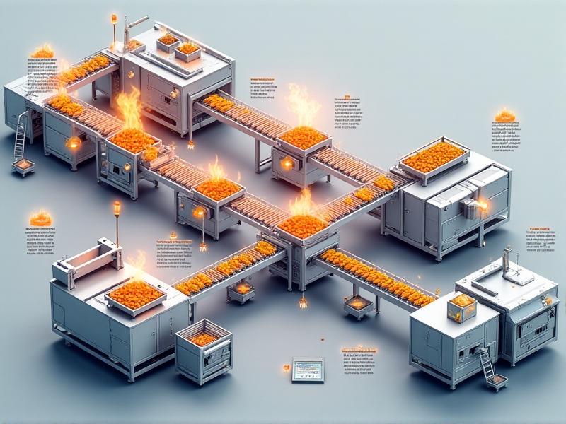A diagrammatic representation of a food production line with highlighted Critical Control Points (CCPs). The image shows various stages such as cooking, cooling, and packaging, with detailed annotations explaining the control measures applied at each CCP.