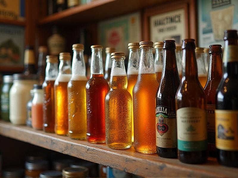 A vibrant display of various pasteurized products, including bottled beer, wine, and yogurt, arranged on a wooden shelf. The image highlights the freshness and longevity of the products, with natural lighting enhancing their colors and textures.