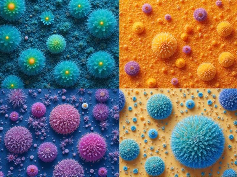 A collage of different microbial starter cultures, including vibrant colonies of lactic acid bacteria, yeast cells under a microscope, and mold cultures on cheese. The image showcases the diversity of microorganisms used in food production, with rich colors and textures highlighting their unique roles.
