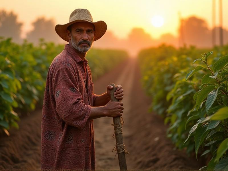A farmer preparing soil in a chili field, using a hoe to turn over the earth. The soil is rich and dark, with compost and mulch visible, indicating a focus on soil health and moisture retention.