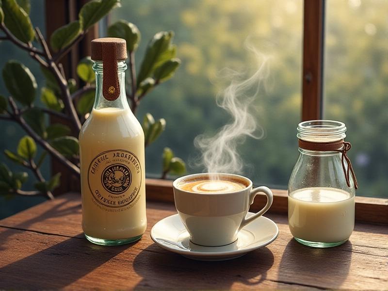 A close-up of a glass bottle of organic coffee creamer with a label featuring the logos of both the dairy brand and the coffee roaster. The bottle is placed on a rustic wooden table next to a steaming cup of coffee, with a backdrop of coffee beans and fresh milk in a jar.