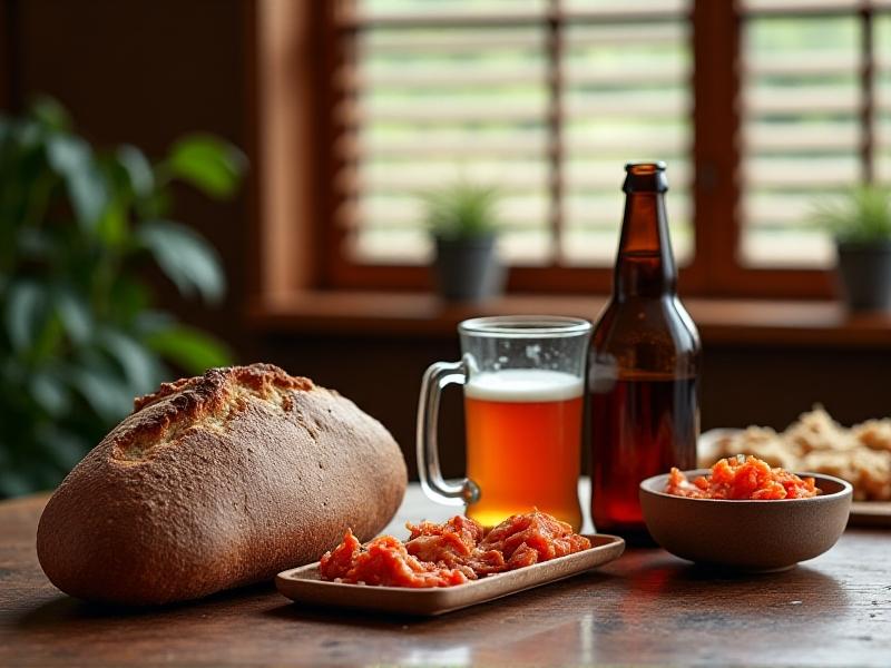 A rustic wooden table displaying a variety of fermented products, including sourdough bread, craft beer, and kimchi. The image captures the earthy tones of the table, the vibrant colors of the food, and the soft natural light that highlights the textures and details of each item.