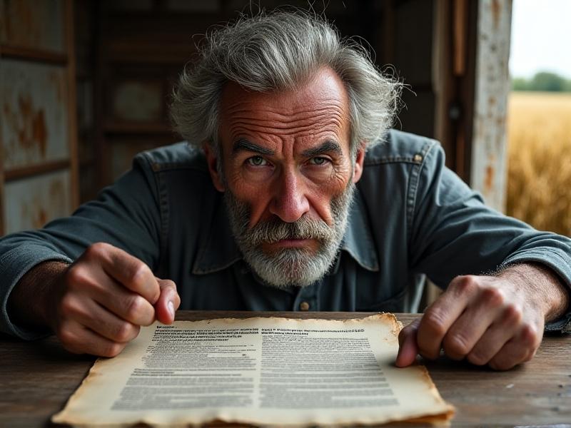 A depiction of a farmer looking at a stack of documents and certification papers, with a concerned expression. The setting is a modest farmhouse with fields in the background, highlighting the financial and bureaucratic challenges faced by suppliers in obtaining Fair Trade Certification.