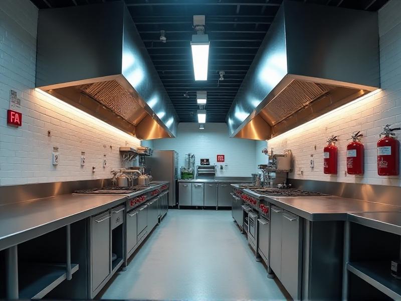 A commercial kitchen equipped with a state-of-the-art fire suppression system, featuring stainless steel hoods, fire extinguishers mounted on the wall, and clear exit signs, emphasizing a commitment to fire safety and emergency preparedness.