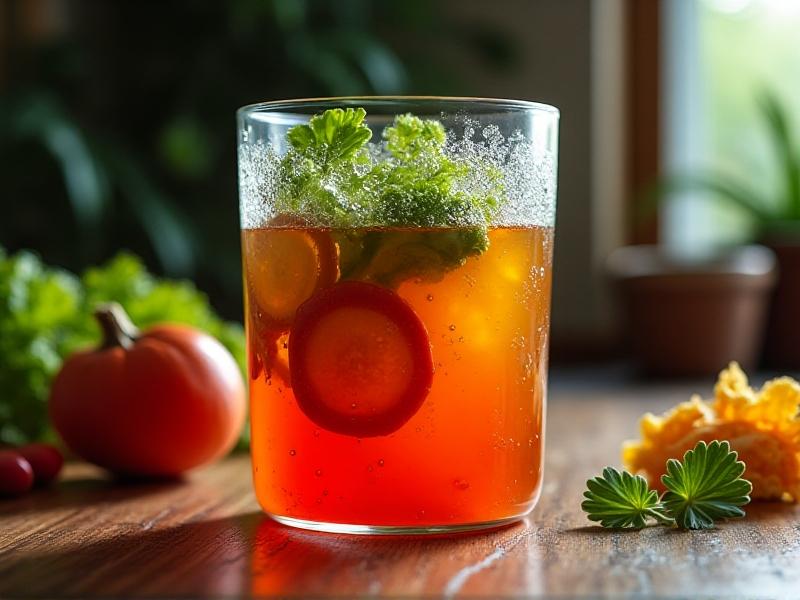 A clear glass fermentation vessel filled with fermenting vegetables, showcasing the vibrant colors of the produce and the bubbles forming on the surface, placed on a kitchen counter with soft overhead lighting.