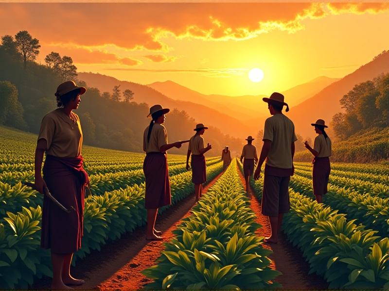 An illustrated depiction of an ancient chili farm, showing indigenous farmers tending to rows of chili plants under a golden sunset. The scene is rich with earthy tones, and the farmers are using traditional tools, highlighting the deep-rooted history of chili cultivation.