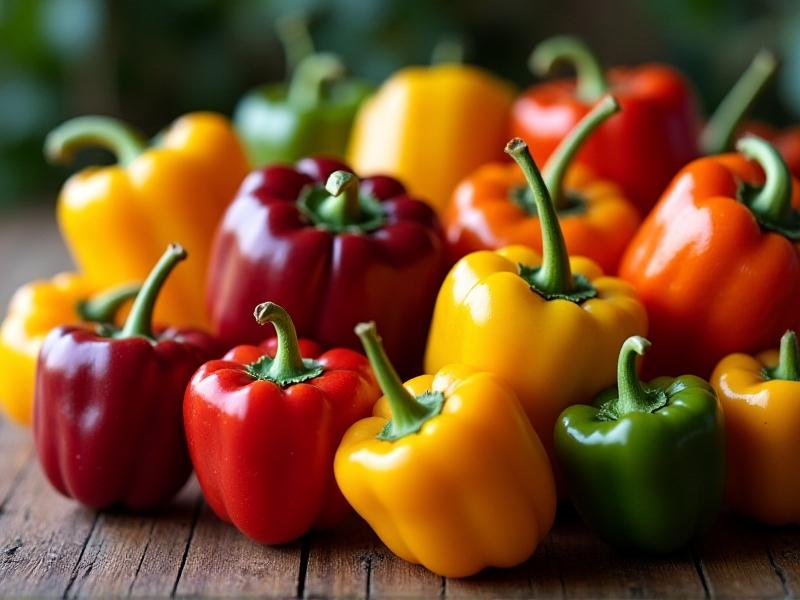 A close-up of a wooden table displaying an assortment of heirloom peppers in different shapes, sizes, and colors. The peppers are arranged artistically, showcasing their unique textures and vibrant hues. The image highlights the diversity and beauty of heirloom varieties.