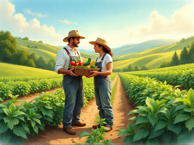 A serene organic farm with rows of lush green vegetables and herbs, surrounded by rolling hills. Two farmers, one holding a basket of fresh produce and the other inspecting the crops, are engaged in a conversation, symbolizing collaboration and partnership.