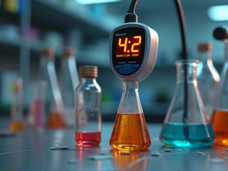A close-up of a pH meter being used to test the acidity of a liquid in a laboratory setting. The image shows the digital display of the pH meter with a reading of 4.2, highlighting the precision and accuracy required in pH control for acidified foods.