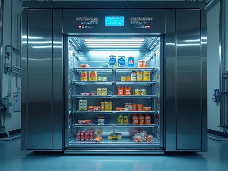 A high-tech environmental chamber used for accelerated shelf-life testing, with products placed inside under controlled conditions of temperature and humidity. The chamber is sleek and metallic, with digital displays showing precise environmental parameters, symbolizing advanced scientific testing.