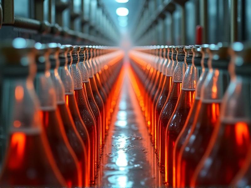 An industrial tunnel pasteurization system in action, with rows of bottles moving through heated zones. The image captures the mechanical precision of the process, with steam rising and conveyor belts in motion, set against a backdrop of metallic equipment.