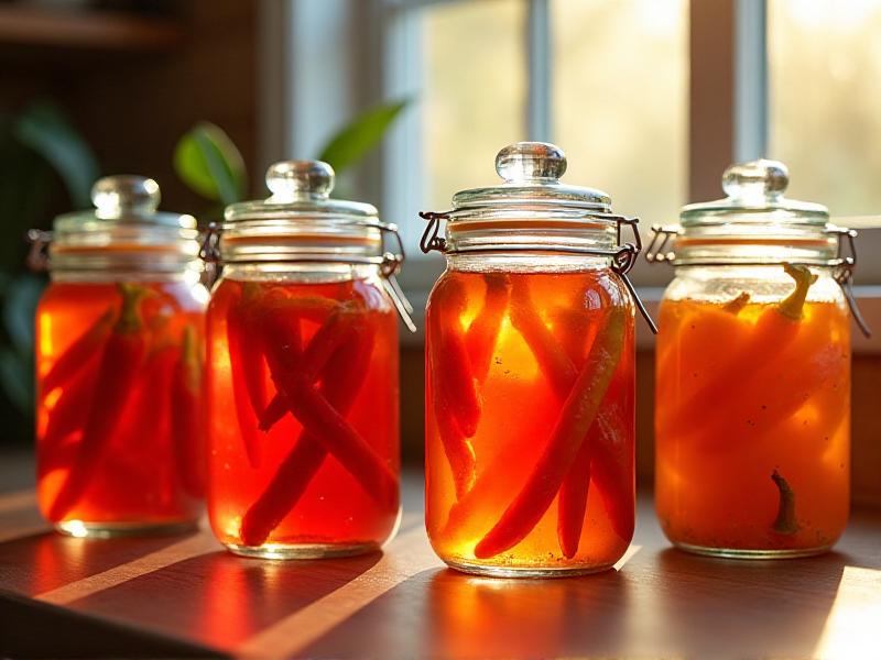 A collection of glass jars with airtight lids and airlocks, filled with superhot peppers in various stages of fermentation. The jars are arranged on a wooden countertop, with natural sunlight streaming through a nearby window, highlighting the rich colors and textures of the peppers and the clarity of the brine solution.