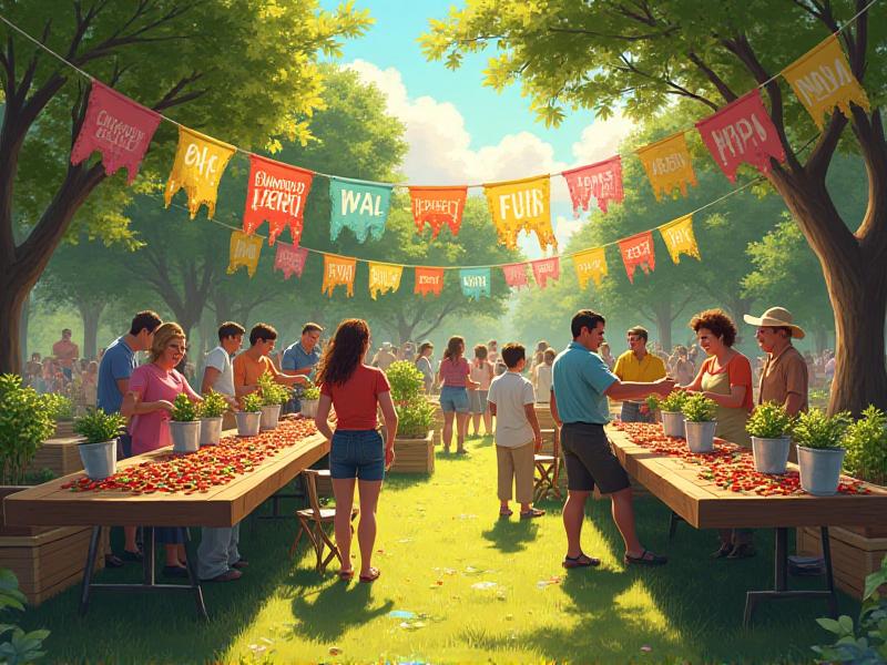 A lively community seed swap event held in a sunny park, with participants of all ages exchanging small packets of chili seeds. The image captures the joy and camaraderie of the event, with colorful banners and tables filled with seeds, plants, and gardening tools.