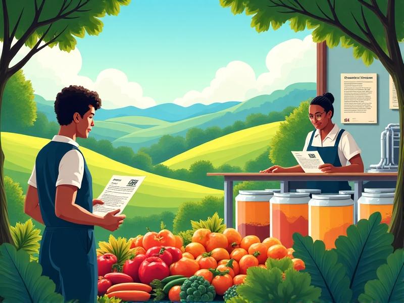 A detailed illustration of the organic certification process, showing a farmer inspecting organic crops, a factory worker monitoring fermentation tanks, and a certification officer reviewing documents. The setting is professional and organized, with a focus on transparency and quality. The colors are earthy and natural, reflecting the commitment to organic principles.