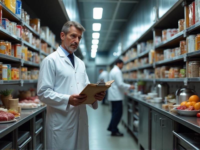 A health inspector in a white lab coat examining food storage areas in a commercial kitchen, with a clipboard in hand and a focused expression, ensuring compliance with food safety regulations.