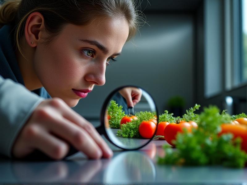 A close-up view of a food safety inspector using a magnifying glass to examine fresh ingredients on a stainless steel table. The image highlights the meticulous attention to detail required in identifying potential hazards in food production.