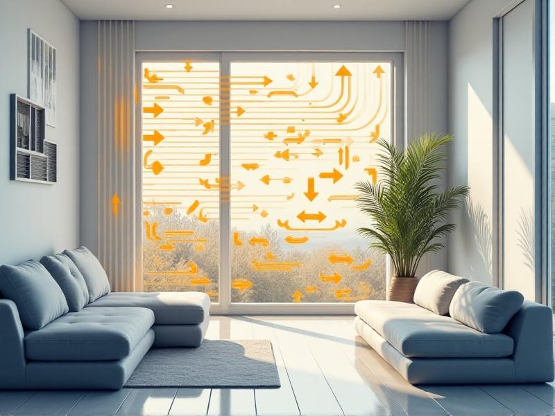 A diagram illustrating airflow patterns in a modern home, with arrows showing the movement of air through vents and windows, under bright lighting, emphasizing efficiency and cleanliness.