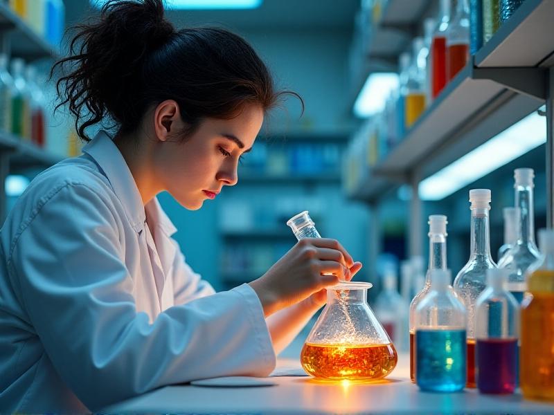 A close-up of a scientist in a lab coat carefully mixing ingredients in a beaker to formulate a new product. The lab is filled with various chemical bottles, precision scales, and a controlled environment, highlighting the meticulous process of product development.