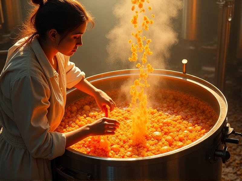 A vibrant image of a brewer adding fresh citrus peels and spices to a fermentation tank, with a focus on the natural ingredients and their interaction with the fermenting liquid. The warm, inviting lighting emphasizes the artisanal nature of the process.