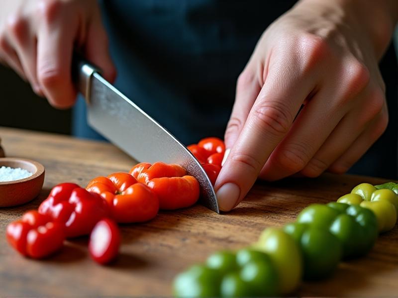 A close-up of hands slicing superhot peppers on a wooden cutting board, with a bowl of water and salt in the background. The image focuses on the vibrant red and green colors of the peppers, the sharp knife, and the rustic texture of the cutting board, all illuminated by soft, natural light.