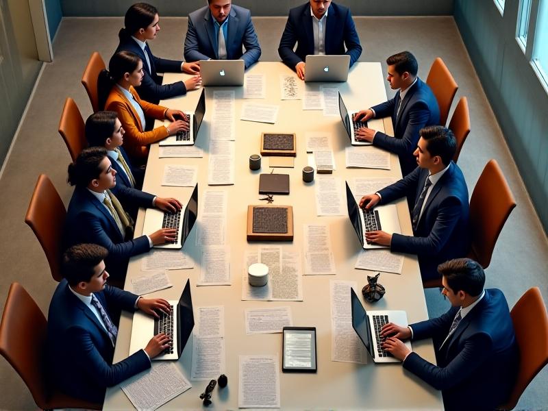 A group of diverse individuals engaged in a serious negotiation at a modern conference table, with documents and laptops spread out, reflecting the collaborative yet strategic nature of contract discussions.