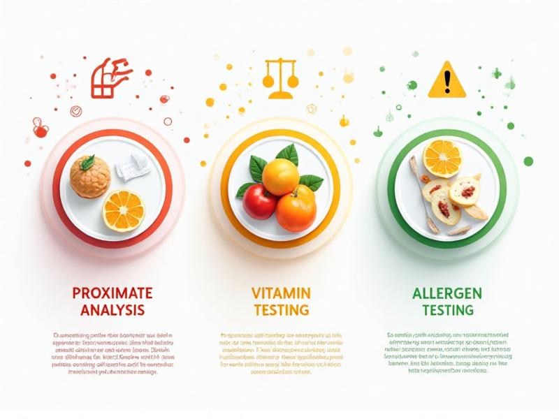 A detailed infographic showing different types of nutritional analysis tests, including proximate analysis, vitamin testing, and allergen testing, with icons representing each test type, set against a clean, white background with vibrant colors for clarity and engagement.
