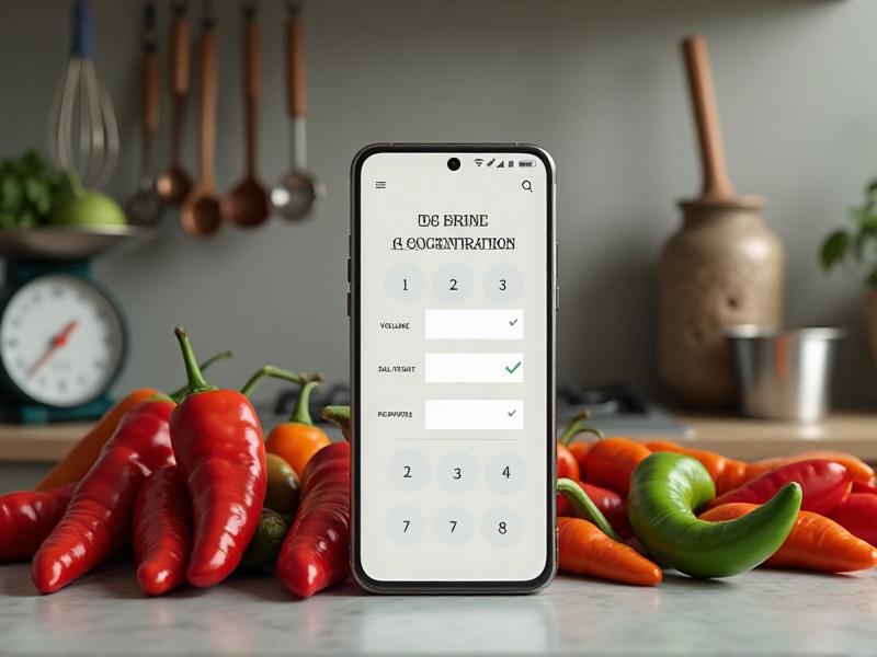 A digital brine concentration calculator displayed on a smartphone screen, showing inputs for water volume, salt weight, and pepper quantity. The background features a kitchen counter with fresh ghost peppers and measuring tools, emphasizing practicality and precision.