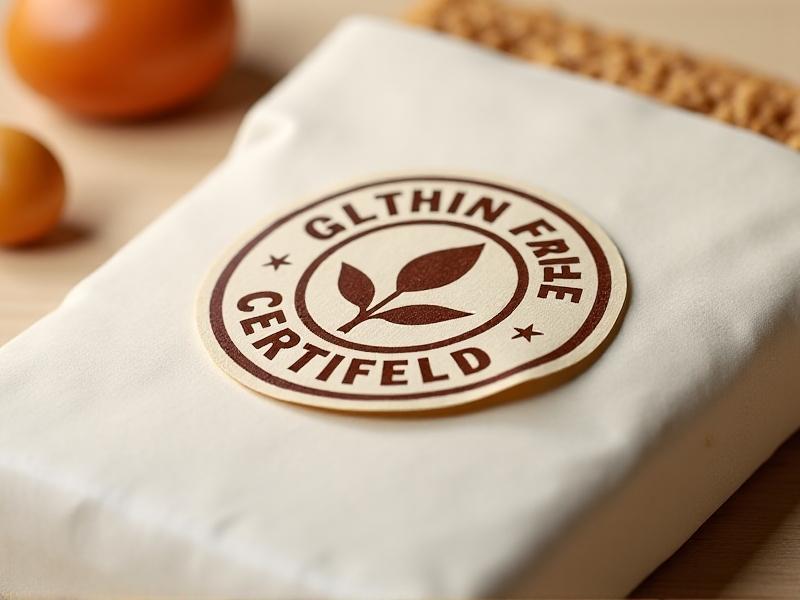 A close-up of a gluten-free certification label on a product package. The label is bold and clear, with a certified logo and text that reads 'Gluten-Free Certified.' The packaging is sleek and modern, with a focus on health and wellness. The mood is trustworthy and reassuring, highlighting the importance of certification for consumer confidence.