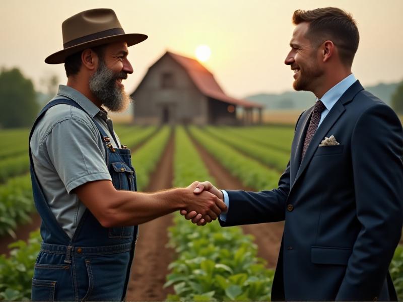 A close-up of a handshake between a farmer in overalls and a businessperson in a suit, symbolizing a strong partnership. The background features rows of crops and a rustic barn, emphasizing the blend of agriculture and business.