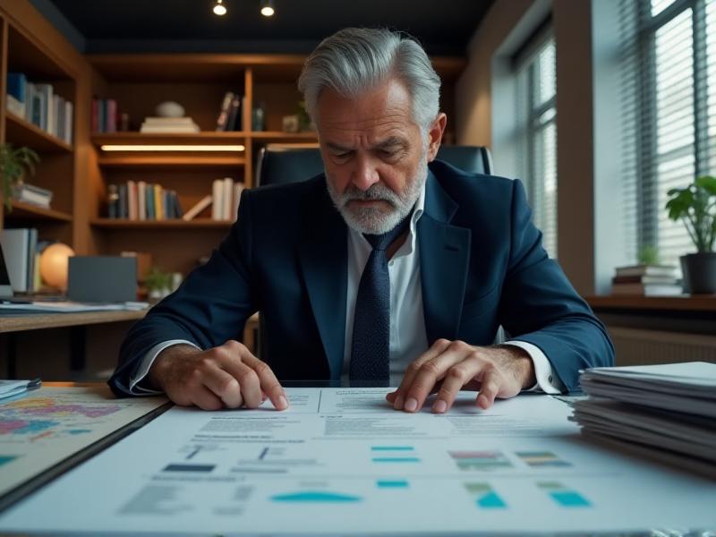 A businessman looking stressed while reviewing export certification documents. The image conveys the challenges of international trade, with a focus on the pressure and complexity of meeting diverse regulatory standards.