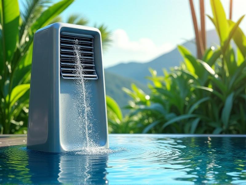 A sleek, modern evaporative cooler installed in a tropical home, with water droplets visible on the surface. The image highlights the innovative design and eco-friendly nature of the technology, set against a backdrop of lush greenery.