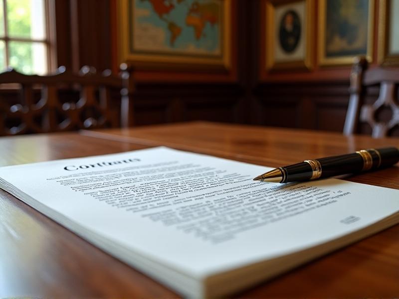 A close-up of a detailed contract document on a wooden desk, with a pen resting beside it, symbolizing the importance of attention to detail in contract negotiations.